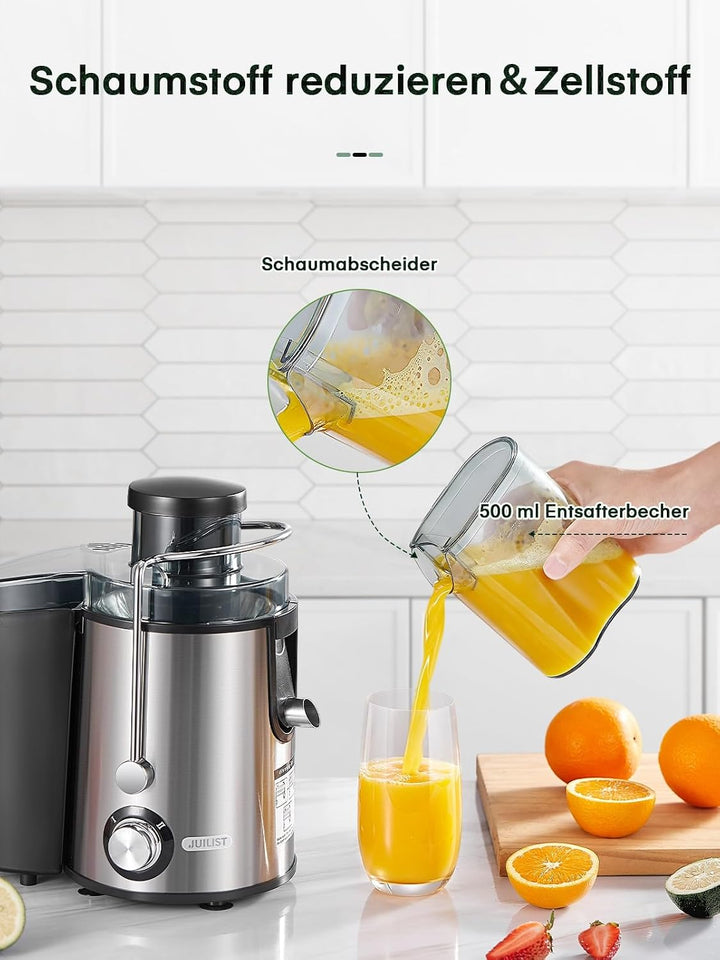 Juilist Entsafter 800W Max, 304 Edelstahl, 2 Geschwindigkeiten, 65 mm Einfüllschacht – einfache Rein