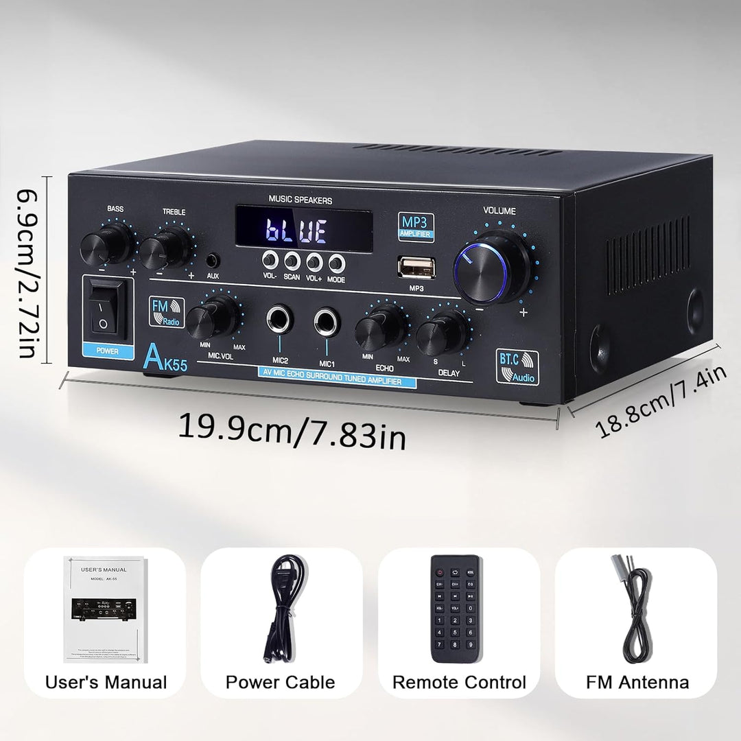 AK55 HiFi Verstärker mit Bluetooth 5.0,Max 600W,Mini Verstärker HiFi Stereo,2 Kanal Audio Verstärker
