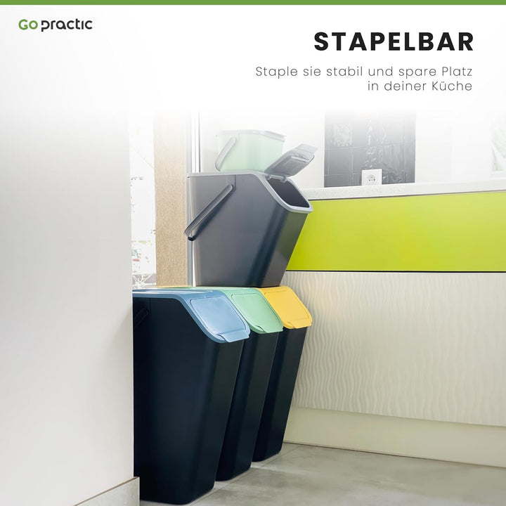 Go Practic 3-er Mülleimer-Set Küche Mülltrennsystem 3x Mülleimer 35l mit Deckel Stapelbar CLICK-Funk