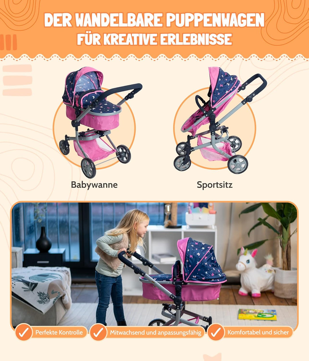 Bayer Chic 2000 595-33 Puppenwagen Mika, 2in1 Kombipuppenwagen für Kinder von 4 bis 8 Jahren, Butter