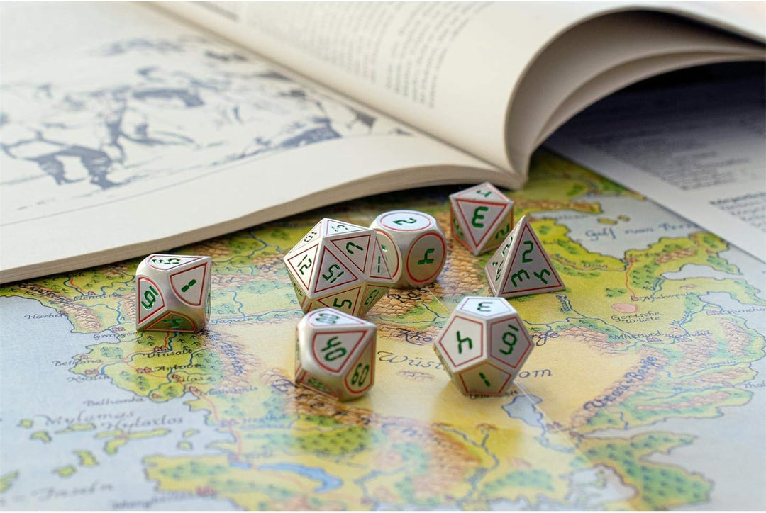 shibby 7 polyedrische Metall-Würfel für Rollen- und Tabletopspiele in Digital Optik D3 inkl. Aufbewa