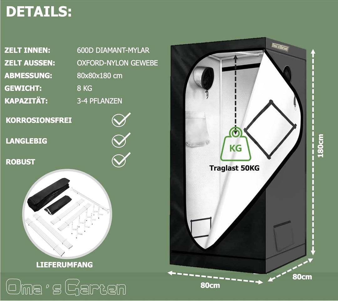 Oma's Garten Grow-Zelt, 80 x 180 cm, Schwarz, Mylar, Indoor-Grow-Tent 80x80x180, 80x80x180
