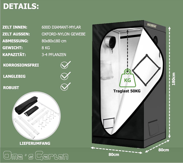 Oma's Garten Grow-Zelt, 80 x 180 cm, Schwarz, Mylar, Indoor-Grow-Tent 80x80x180, 80x80x180