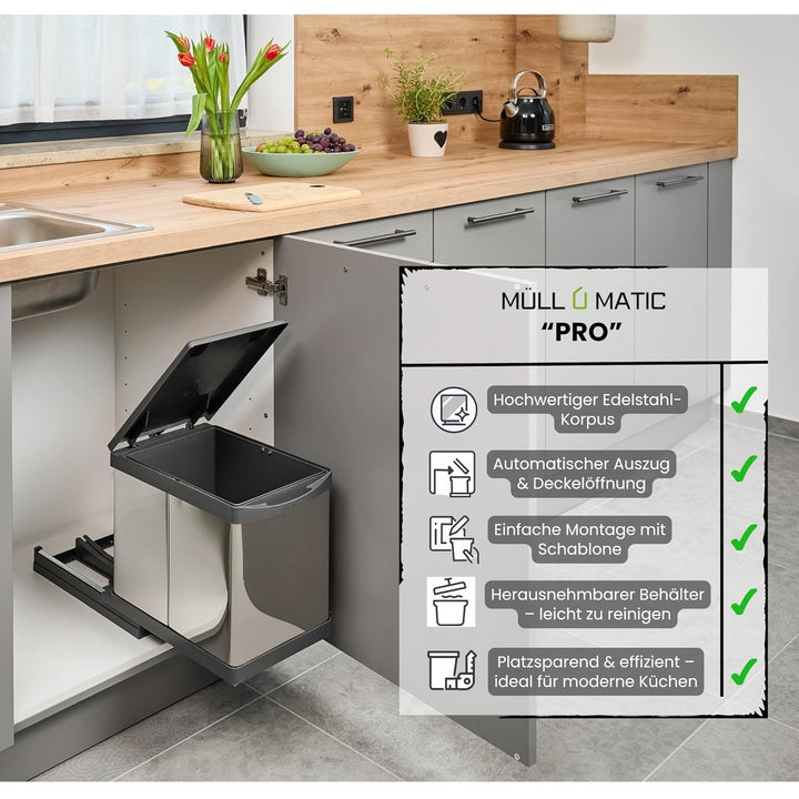 Ausziehbarer SMART Einbaumülleimer, Abfalleimer, Mülleimer „Müllomatic PRO 1“ mit automatischem Ausz