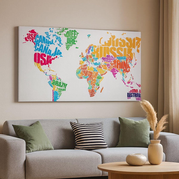 Panorama Bilder auf Leinwand 100x40cm Leinwandbild Karte Worte Welt Geographie Gross Wanddeko Bild S