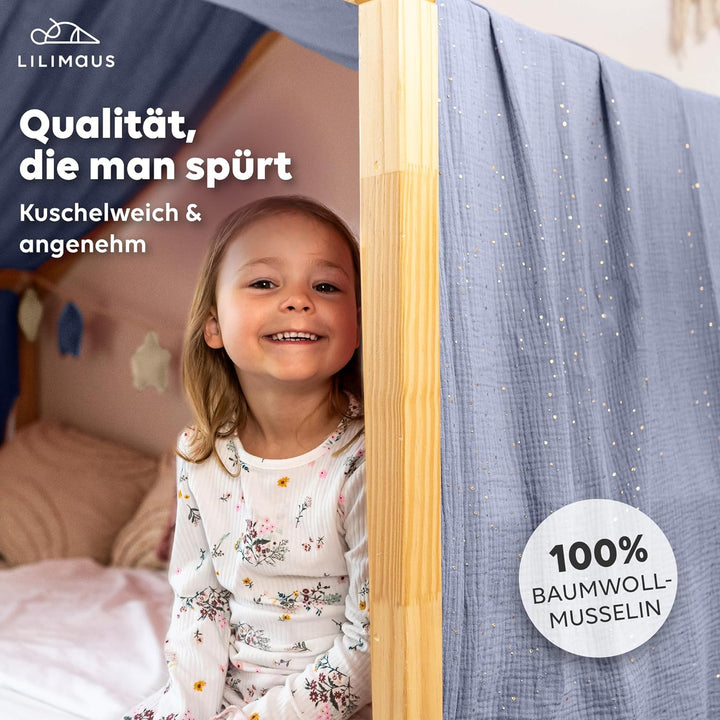 Hausbett Himmel mit Gold Applikation [in 12 Farben] Betthimmel Hausbett aus 100% Baumwolle Musselin