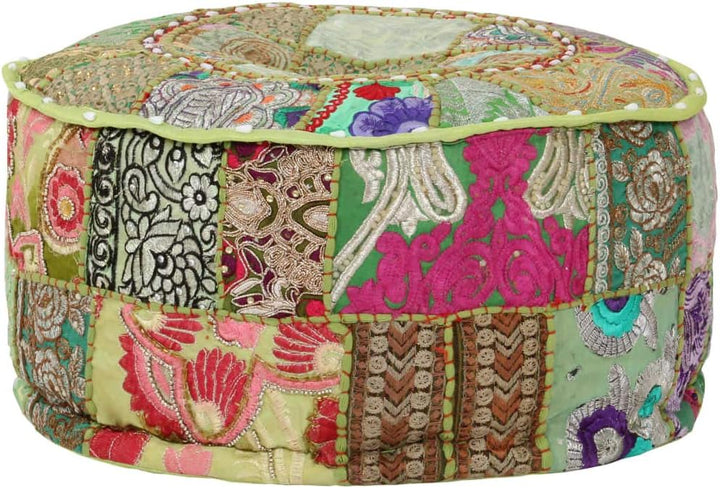 Patchwork-Fusshocker mit Exquisiten Stickereien Besetzt, Handgefertigt Patchwork Rund Puffhocker Fus