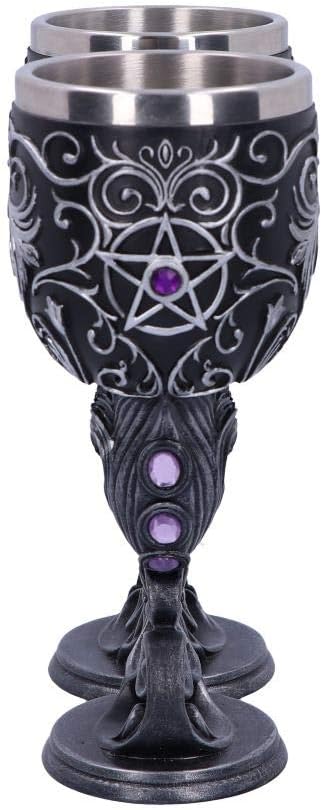 Nemesis Now Hex Twin Cat Heart Set mit Zwei Kelchen, Harz mit Edelstahl-Einsatz, Schwarz und Silber,