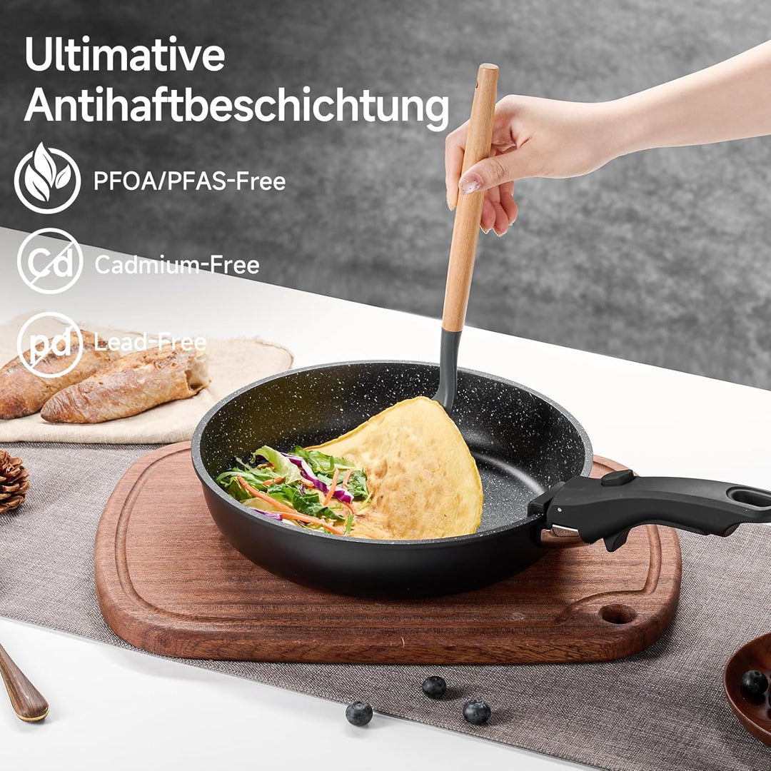 JEETEE Topfset Pfannenset mit abnehmbarem Griff 25-Teilig, Pfanne 20/26cm, Kochtopf 18/20cm, Tiefe B