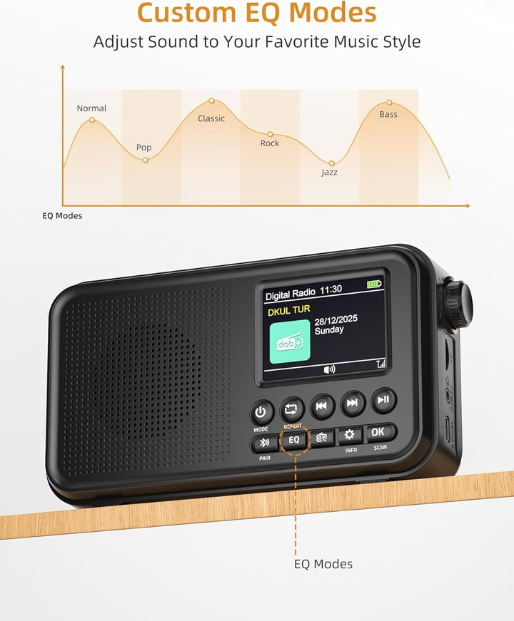 Tragbares DAB+ Radio mit Bluetooth, UKW/DAB Digitalradio mit 2,4" Farbdisplay, 80 Senderspeicher, 30