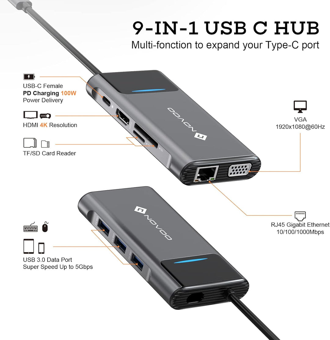 NOVOO 9-in-1 USB C HUB Adapter USB C mit RJ45 Gigabit Ethernet, 4K HDMI, VGA, 100W PD, SD/TF-Kartenl