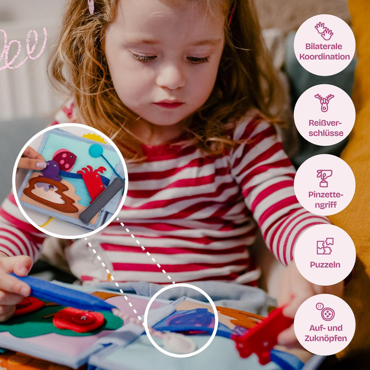 Jolly Designs 6-seitiges Mini Quiet Book Sonnenschein - Montessori Lernspielzeug aus hochwertigem St