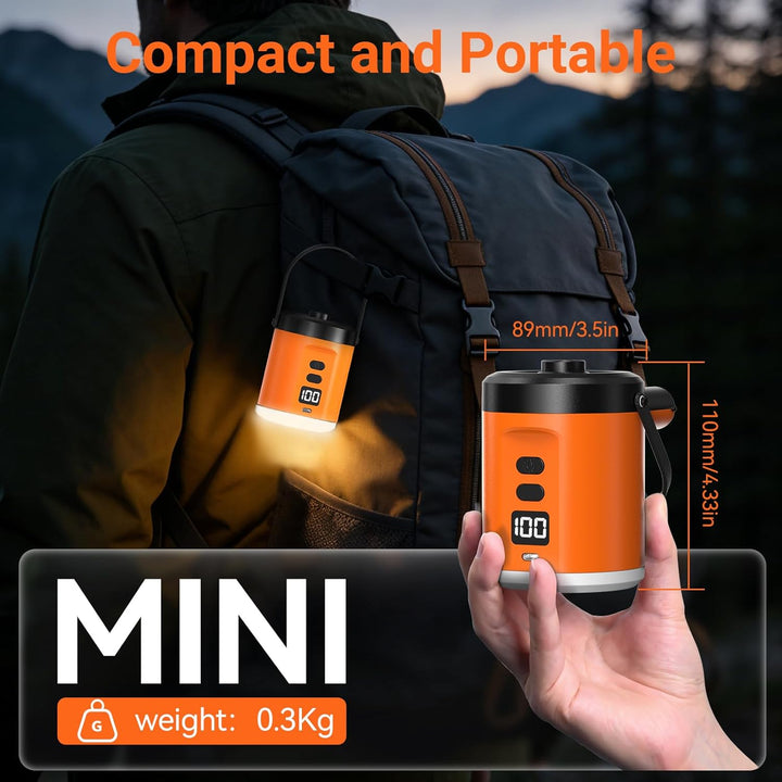 Elektrische Luftpumpe mit 5000-mAh-Akku, tragbare Luftpumpe mit 3 Düsen, inklusive Campinglampe, ele