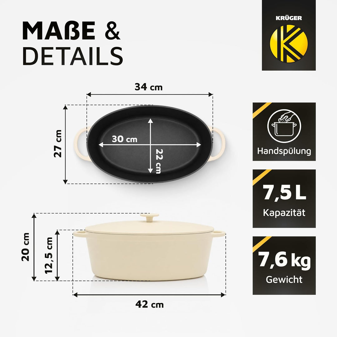 Karl Krüger Eisenguss Bratentopf oval Savanna, creme/schwarz, 34 cm, Creme