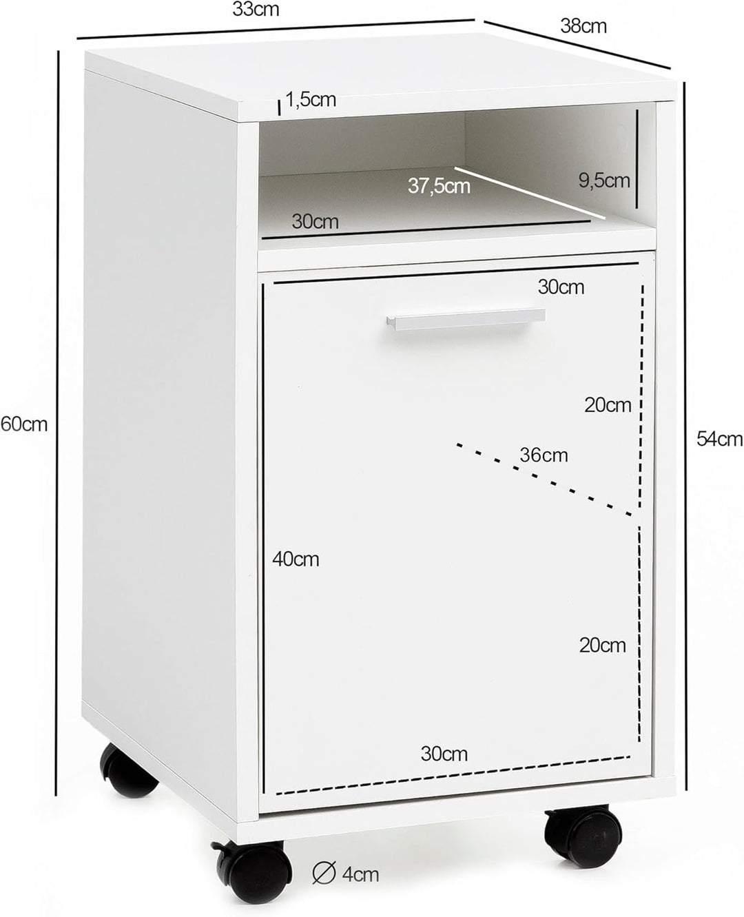 Rollcontainer Weiss 33x60x38cm Schubladenschrank | Schreibtisch-Container mit Tür & Ablage | Bürocon
