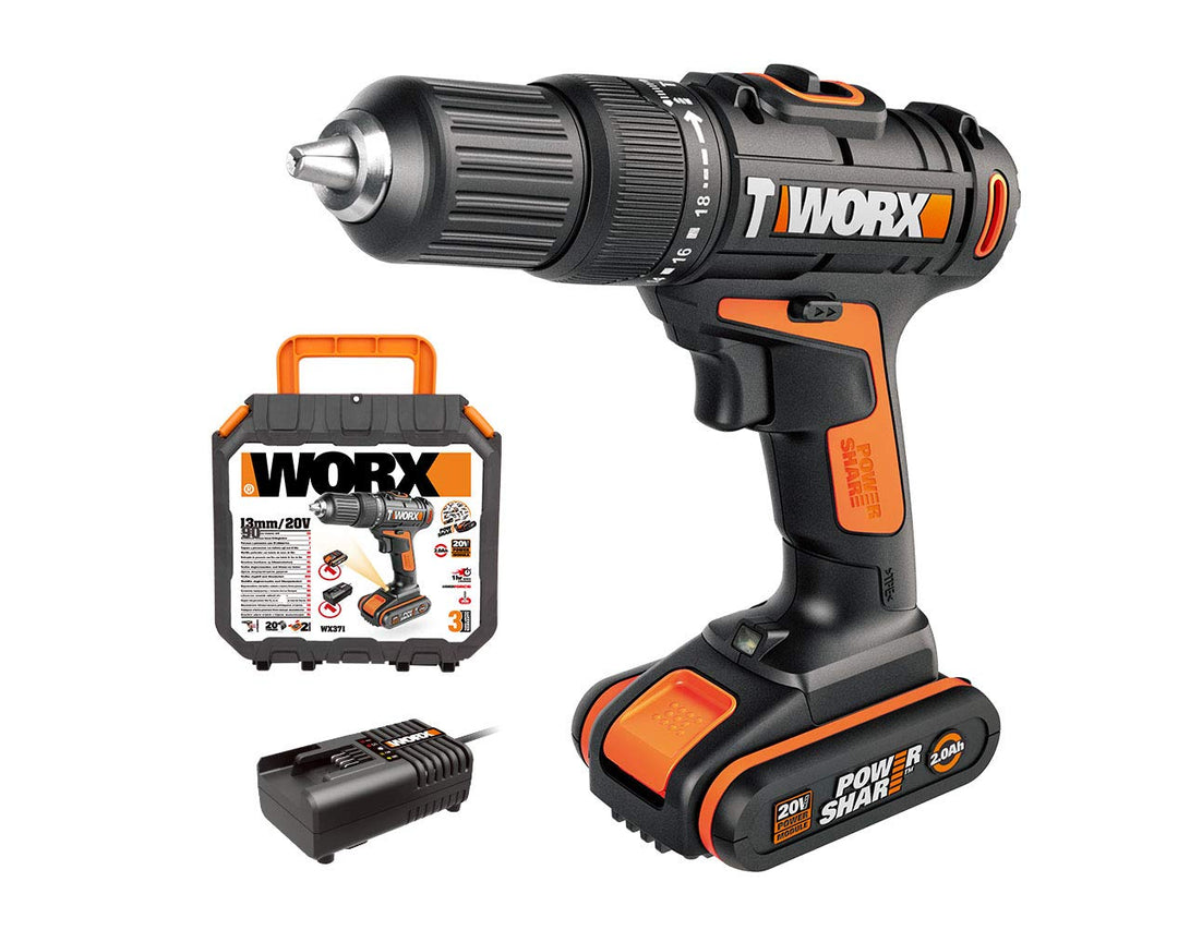 WORX 18V(20V MAX) Akku-Schlagbohrschrauber WX371, 2,0Ah, PowerShare, 2 Gänge, Koffer, 13mm Bohrfutte