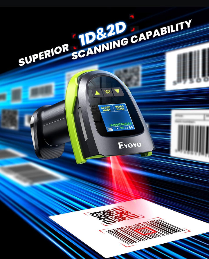 Eyoyo Barcode-Scanner kabellos mit Bildschirm: Pro 1D 2D QR Bluetooth-Scanner, Wandhalterung mit Lad