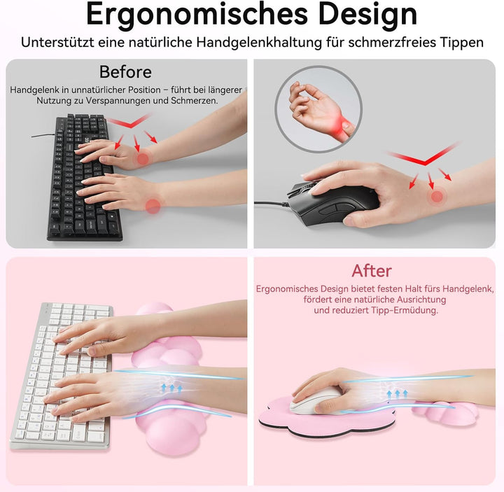 Memory‑Schaum Cloud Handballenauflage Tastatur‑Set, 4‑in‑1: Ergonomische Tastatur Handballenstütze &amp;