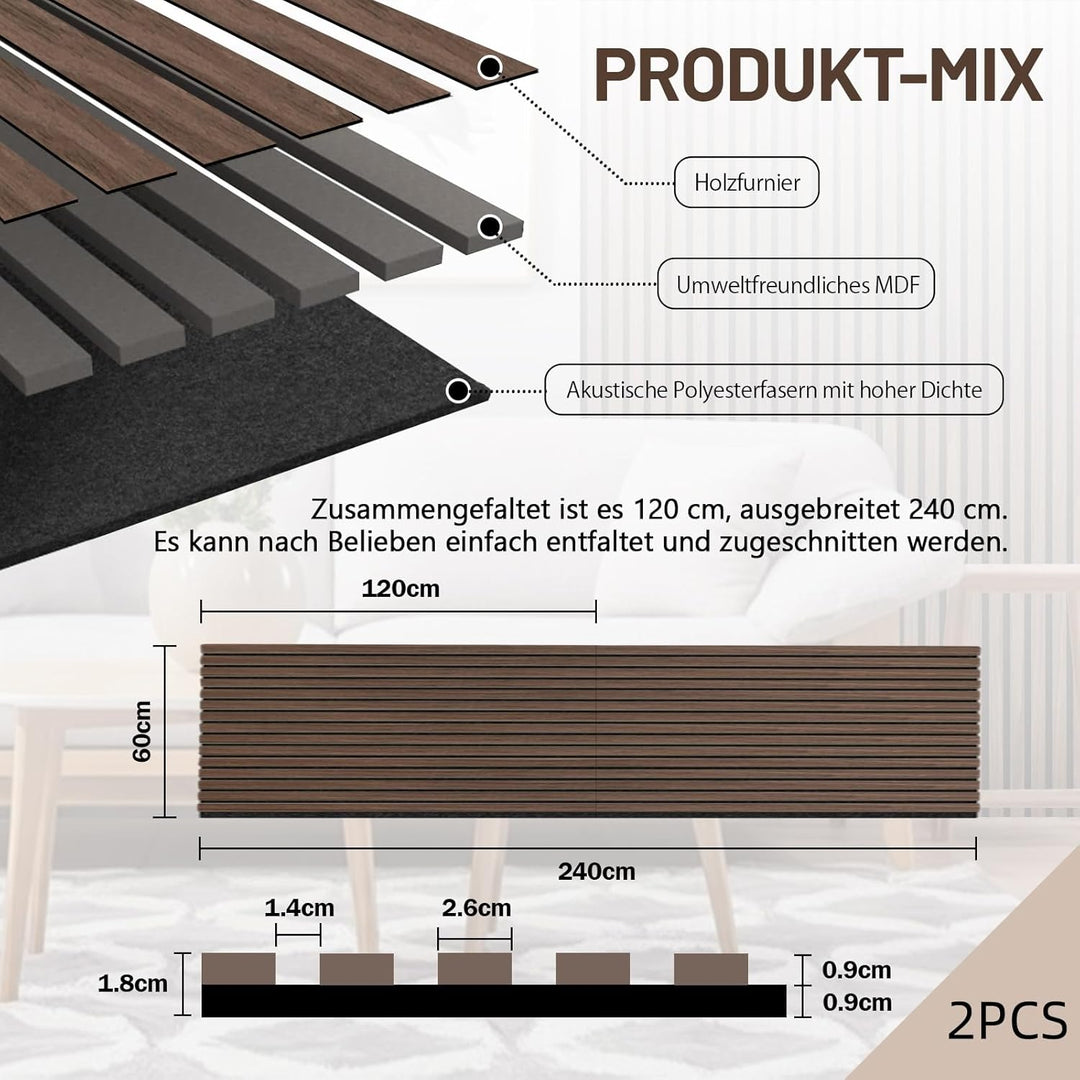 AKK-STAVE Akustikpaneele Holz 240x60 cm (2er-Set 2,88 m²) - Akustik Paneele & Holzpaneele Wand | Hol