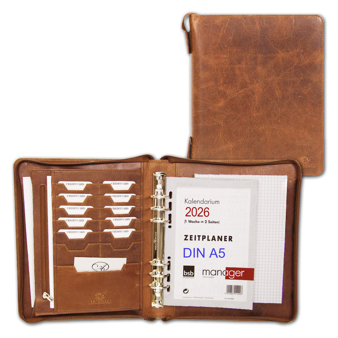 ALMADIH - Leder A5 Organizer mit Ringmechanik Reissverschluss, Kalender 2024 Schreibblock Premium Ri