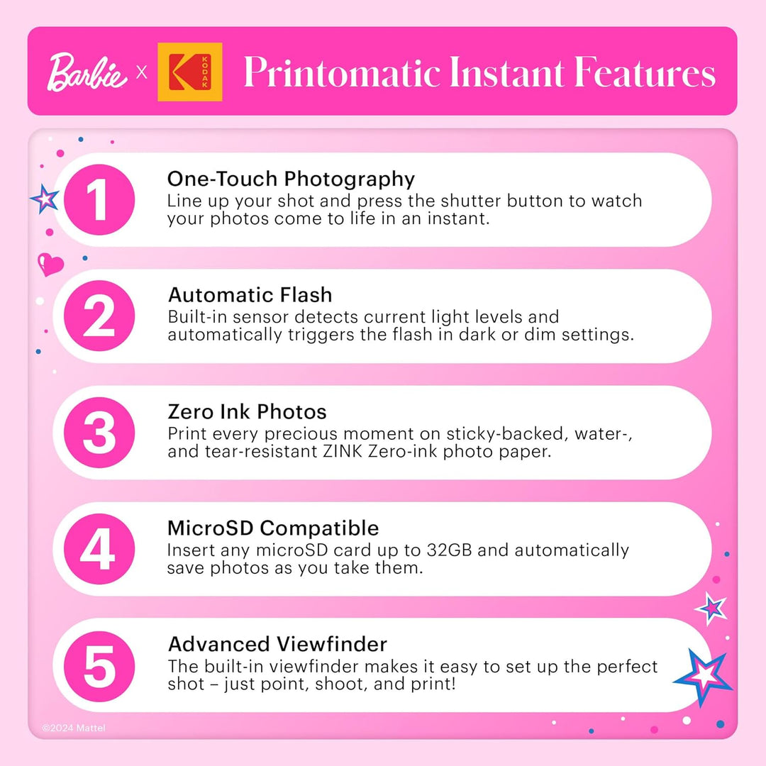 Barbie x Kodak Printomatic Digitale Kamera – 5MP Tragbare Barbie Kamera Drucken Bunte 2x3” Selbstkle