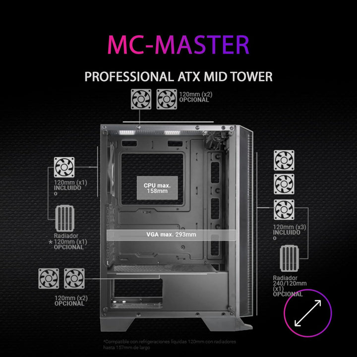 Mars Gaming MC-Master, ATX PC Gehäuse, Metall-Mesh Frontplatte, Gehärtetes Glas, 4 Ultraleise 120mm