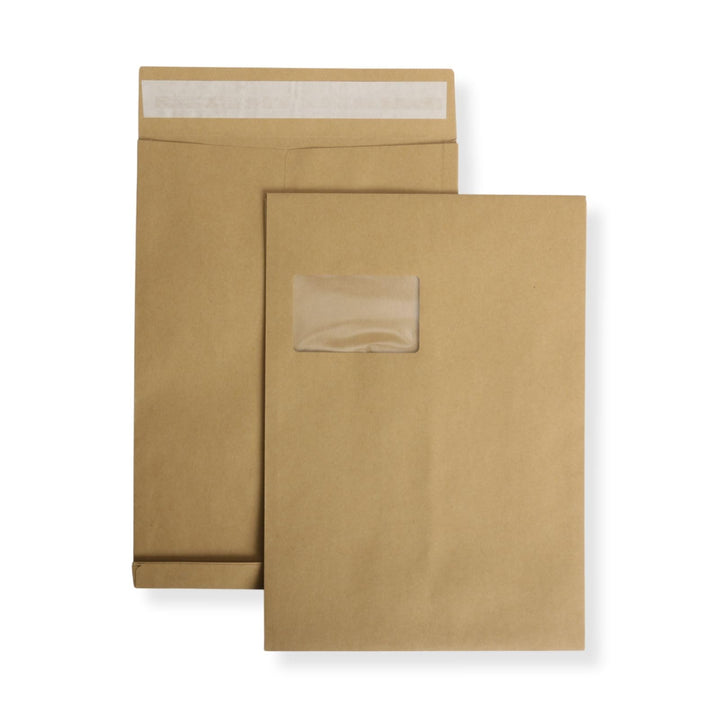 50 St. DIN C4 Faltenversandtaschen mit Fenster braun Stehboden und 20 mm Falte 130 gr. Kuvert 229x32