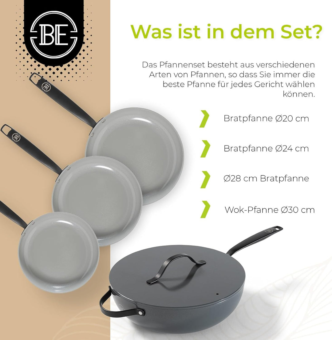 Be Living Essential Pfannenset 4-teilig, Bratpfanne 20/24/28 cm + Wokpfanne 28 cm mit Deckel, Non St