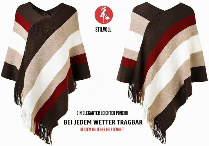 Ferand Damen Gestreifter Poncho Pullover Vielseitiger Schal zum Wickeln mit Fransen für Herbst und W