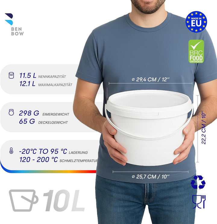 BenBow Eimer mit Deckel 10x 10l weiss - lebensmittelecht, stabil, luftdicht, auslaufsicher, geruchsn