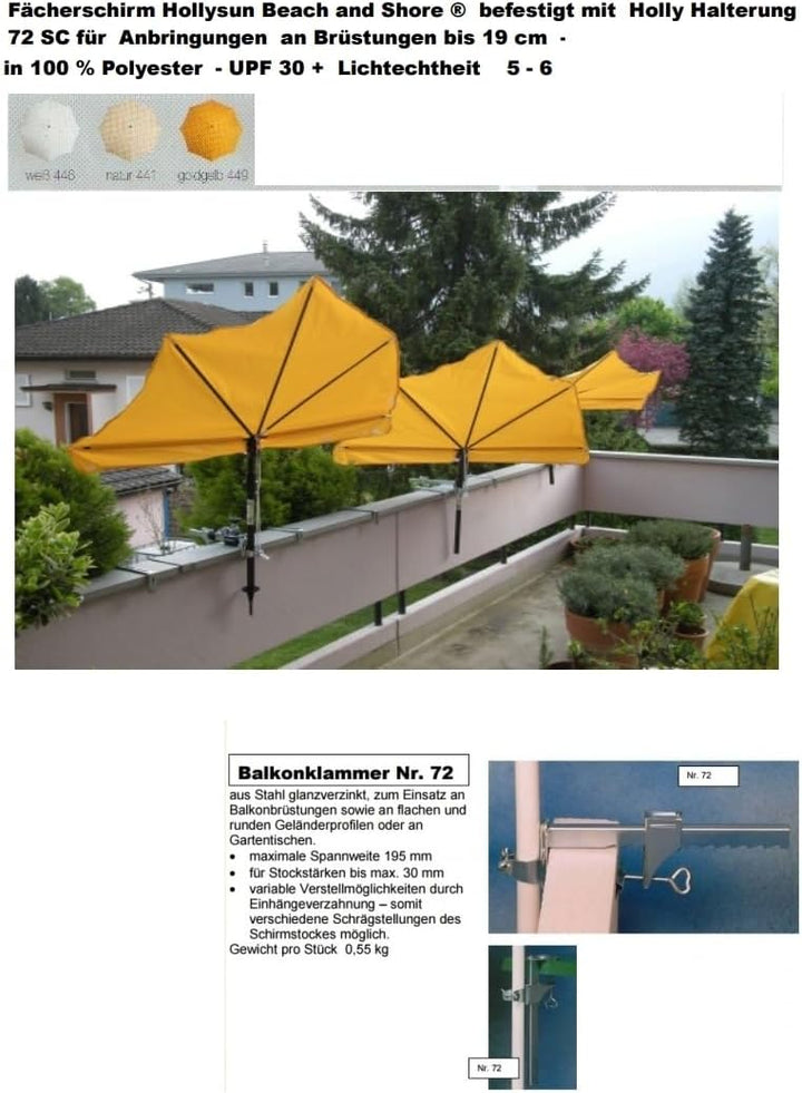 Stuhl - Sonnenschirm - Fächerschirm gelb mit 360 ° Holly Multihalterung -Befestigung runde eckinge E