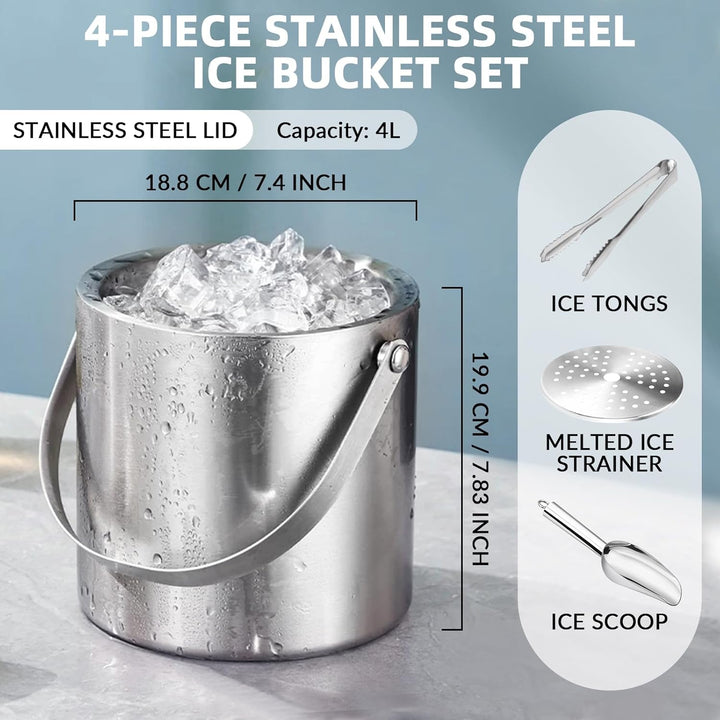 4L Eiswürfelbehälter mit Deckel, Edelstahl Doppelwandiger Eiskübel Set mit Sieb Eiszange Eisschaufel