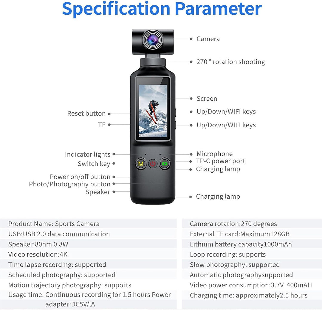 OBEST Action Cam 4K mit 64GB Mini Action Kamera Handheld WiFi Bodycam Körperkamera mit 270° Gedrehte