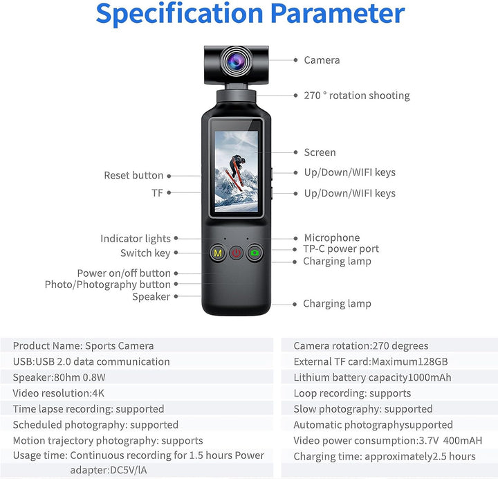 OBEST Action Cam 4K mit 64GB Mini Action Kamera Handheld WiFi Bodycam Körperkamera mit 270° Gedrehte