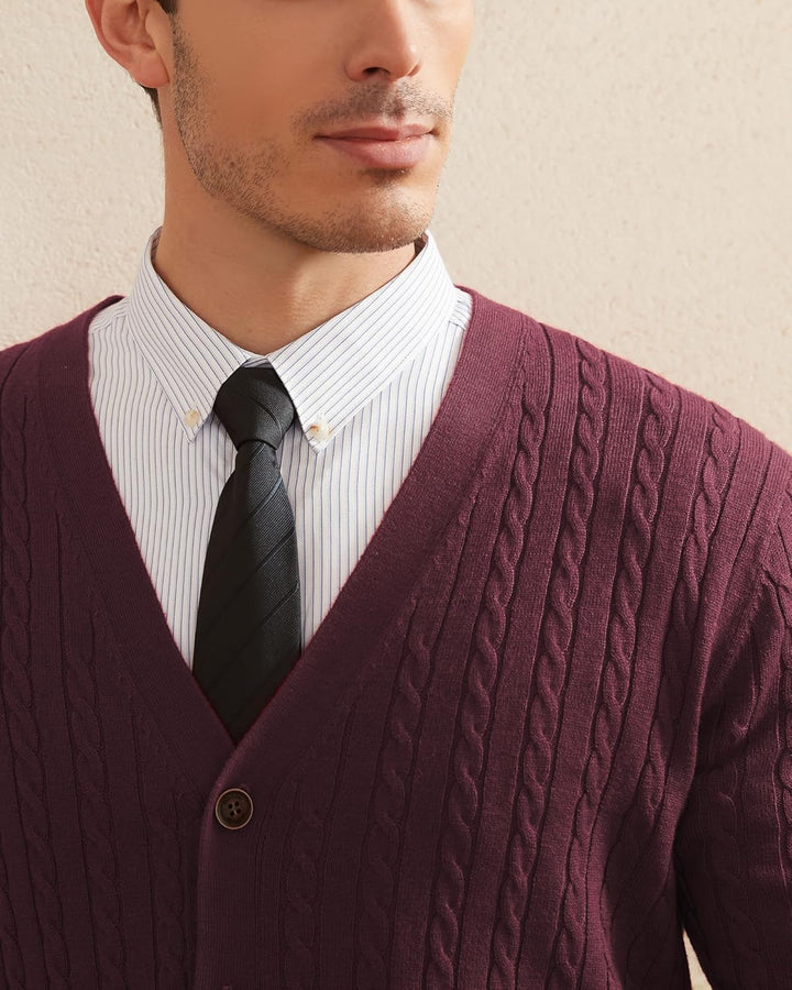 Kallspin Herren Strickjacke aus Wollmischung Zopfstrick Cardigan mit Knopfverschluss und Taschen L T