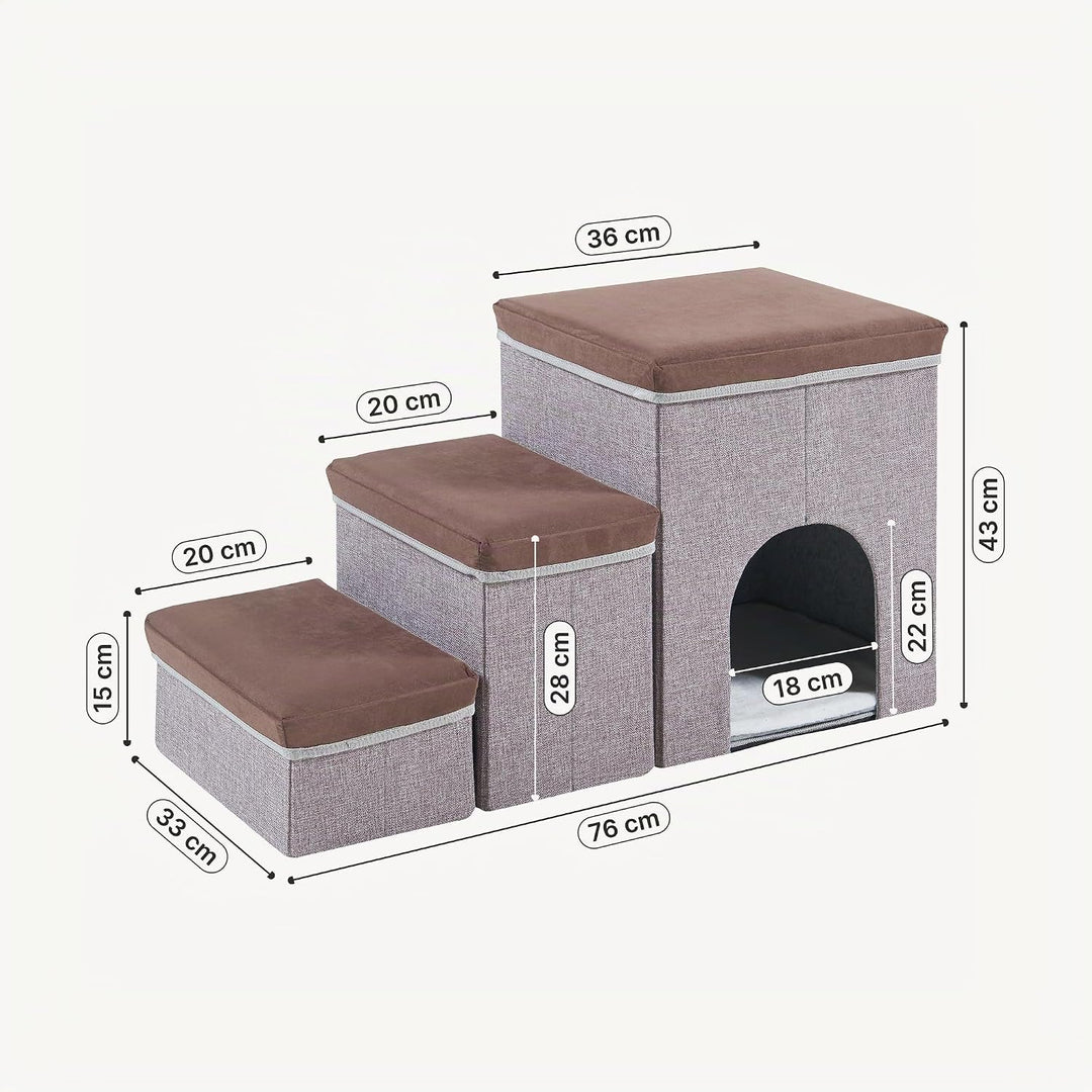 [en.casa] Hundetreppe Vojens Hunderampe mit Höhle für kleine Hunde 3-stufig Haustierleiter für Bett