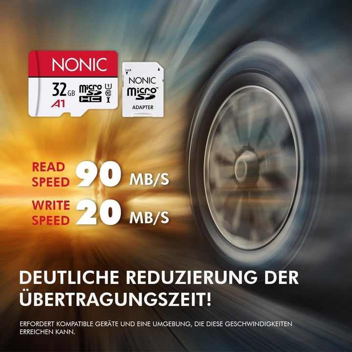 Nonic 32GB MicroSD Speicherkarte mit SD Adapter A1 U1 Klasse 10 für Kamera, Videoüberwachung, Video