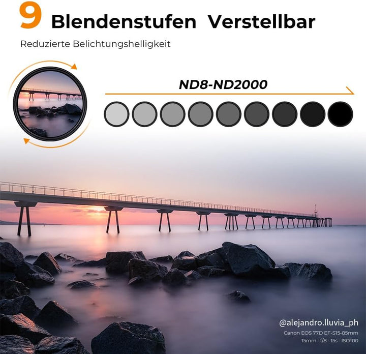 K&F Concept Nano-D Serie 46mm ND Filter ND8-2000 Variabler Graufilter (3-11 Blendenstufen), 46mm