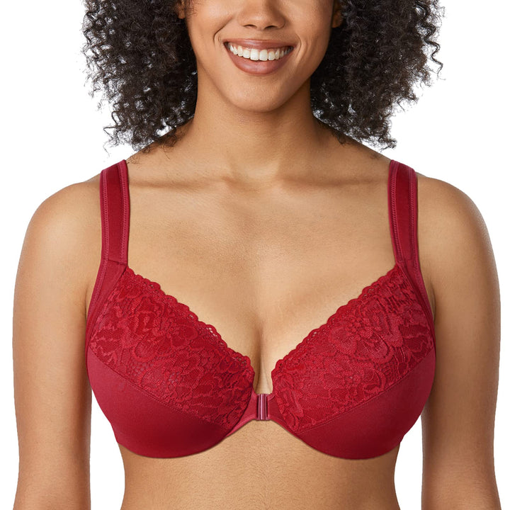 DELIMIRA Damen BH mit Vorderverschluss U-Rücken Bügel Spitzen BHS Grosse Brüste Soft Vollschalen Ung