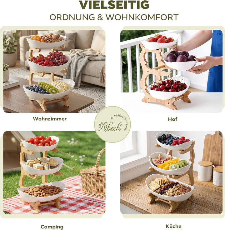 Obstständer 3-stöckig aus Bambus, Mehrstöckiger Obstkübel mit Schalen, Küchenorganizer für Obst und