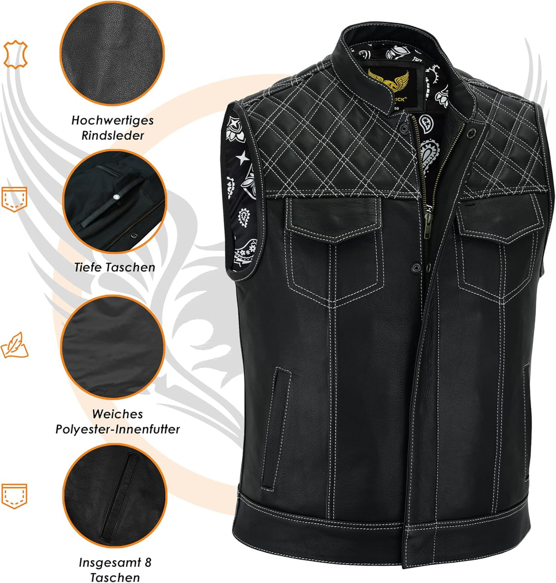 Leatherick Groove Club Herren-Motorradweste aus schwarzem Leder – Bikerweste 64 Schwarz, 64 Schwarz