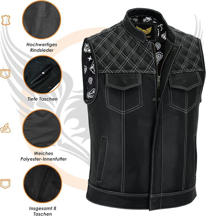 Leatherick Groove Club Herren-Motorradweste aus schwarzem Leder – Bikerweste 64 Schwarz, 64 Schwarz