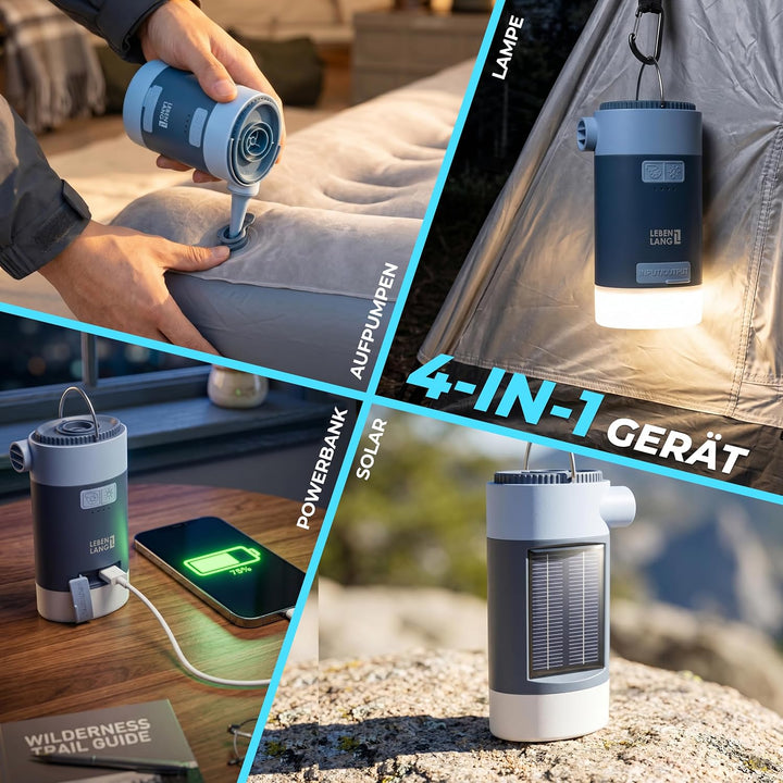 LEBENLANG 3 in 1 Elektro Luftpumpe Akku - 4,5kPa & 4000mAh mit Solarpanel I IPX4 Elektrische Pumpe A