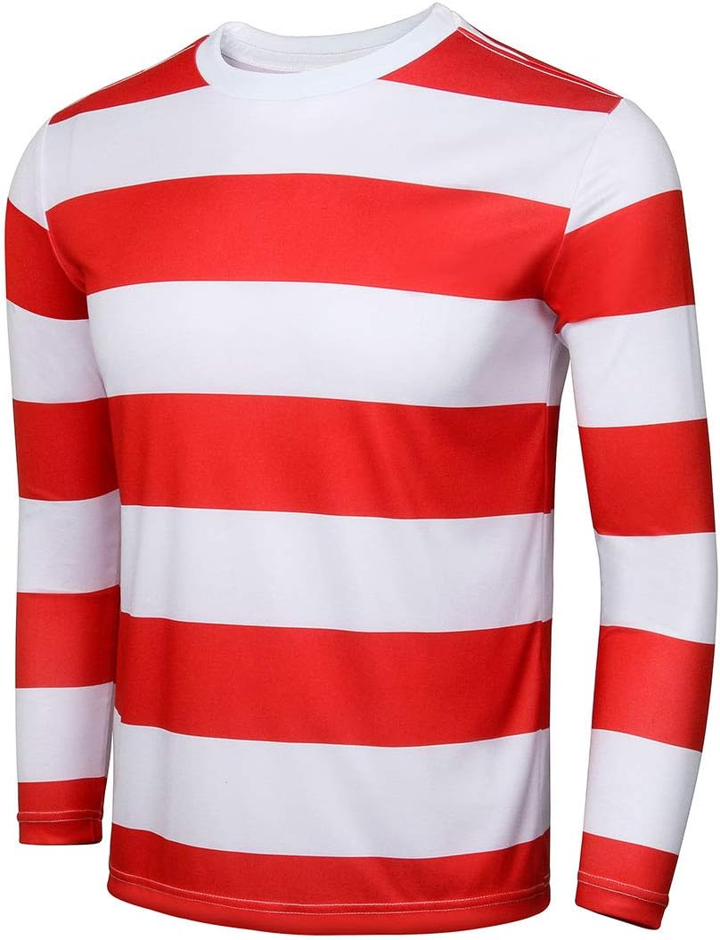 NUWIND Herren Rot-weiss gestreiftes T-Shirt Kit mit Brille & Bommelmütze Walter Kostüm Halloween Cos