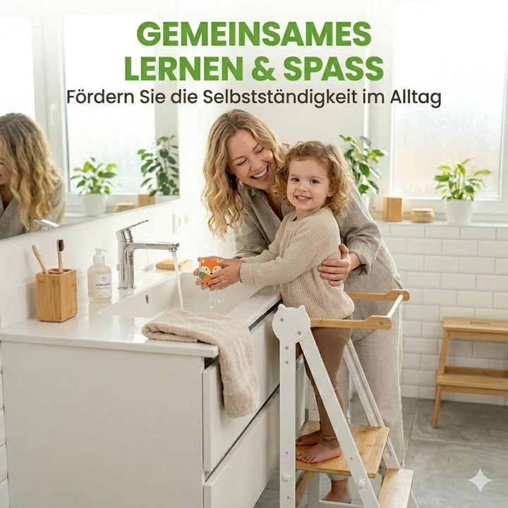 Lernturm Montessori Platzsparend und höhenverstellbar aus Bambus mit Kippschutz für Kinder ab 1 Jahr