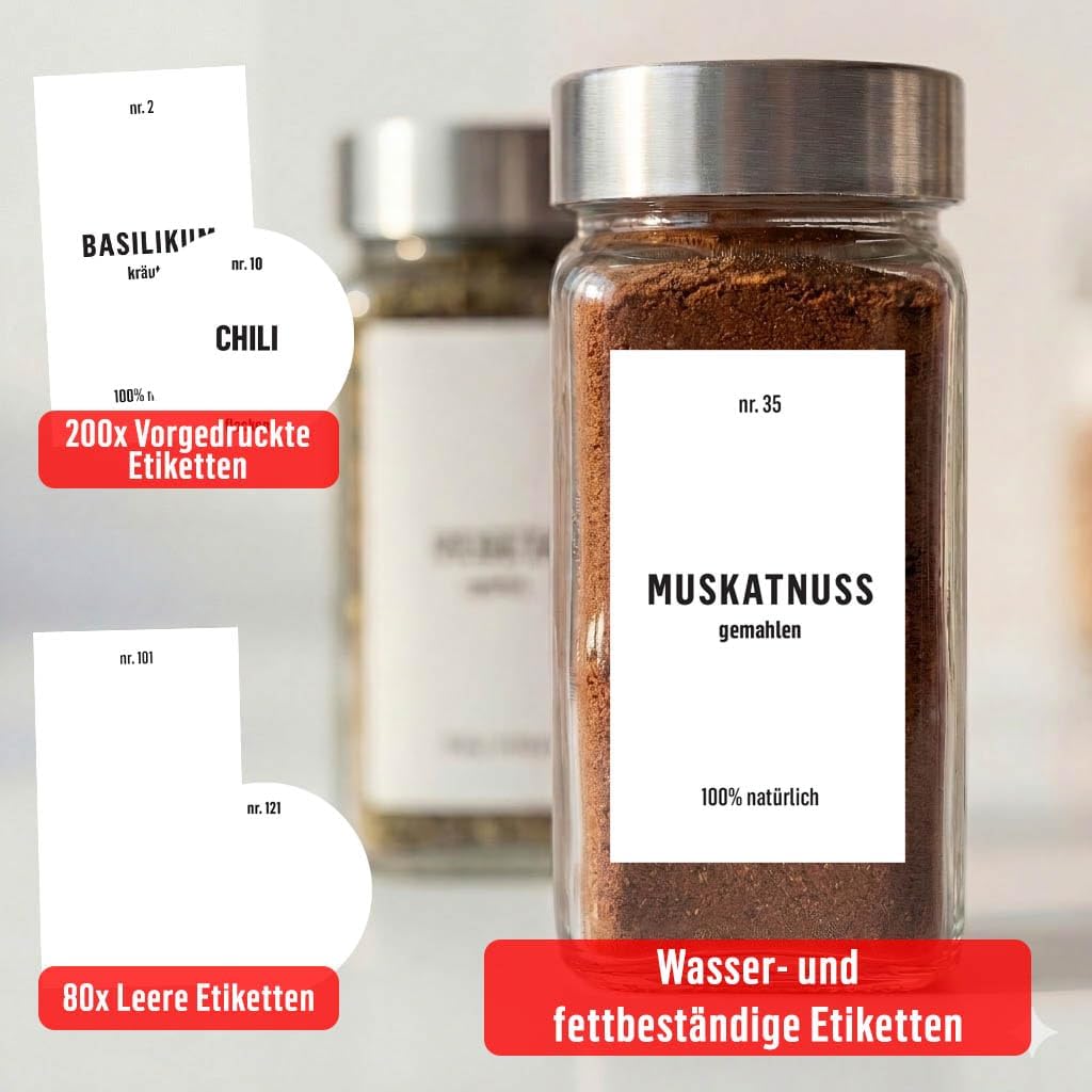 Deco haus® Gewürzgläser eckig mit Schraubkappe 36er Set [+Etiketten & Streueinsatz] - Gewürzdosen Se