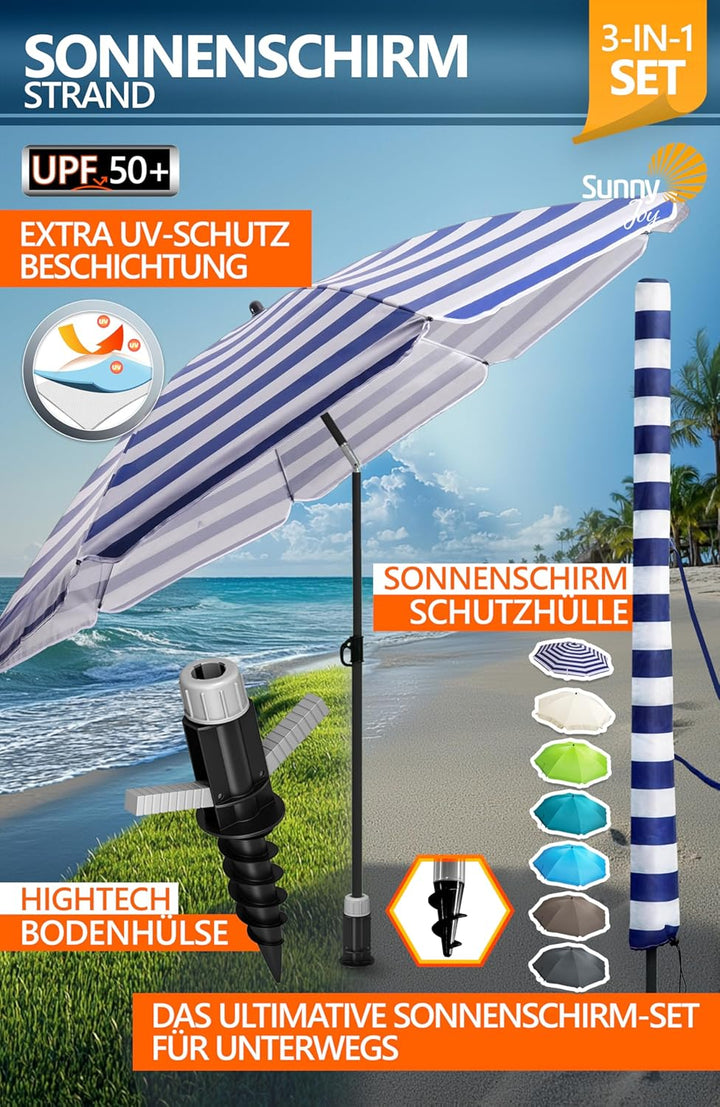 4smile Sonnenschirm Strand SunnyJoy Ø 160 cm, 3er Set - Strandschirm mit UV Schutz 50+, inkl. Sonnen