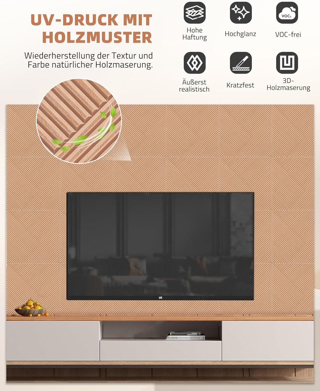 JAMELO Grosse Akustikpaneele mit Holzmusterdruck - 6 Stk. 60 x 60cm -2.16m² | auf Filz für Studio un