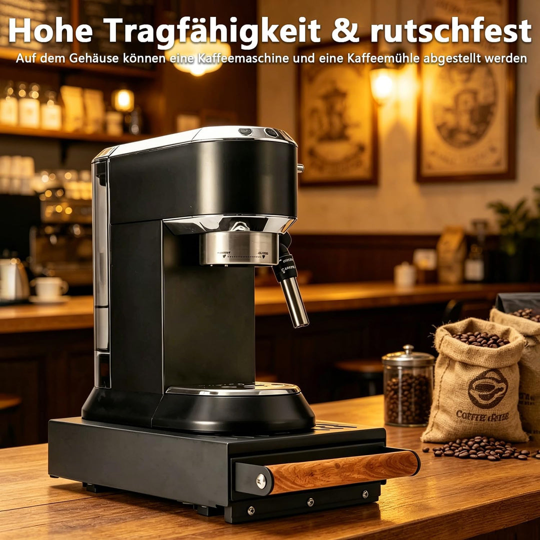 Sudschublade, Abklopfschublade für Siebträger mit Echtholzgriff, Knockbox aus Edelstahl mit Rutschfe