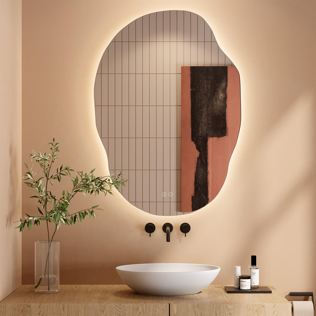 Dripex Badezimmerspiegel Led Badspiegel, Asymmetrisch, Touch-Schalter, Dimmbar, 3 Lichtfarbe Einstel